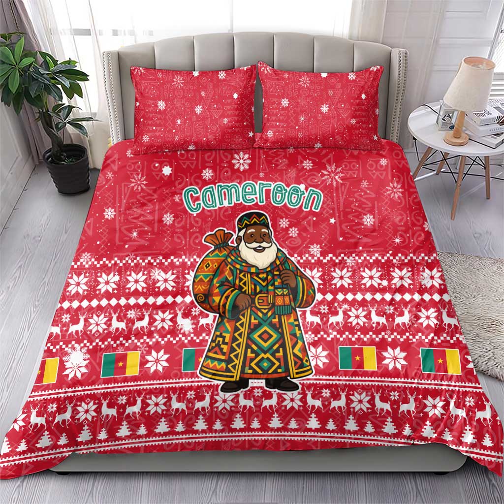 Cameroon Christmas Bedding Set with Red Snowflake Pattern Traditional Santa and Map Motif - Wonder Print Shop