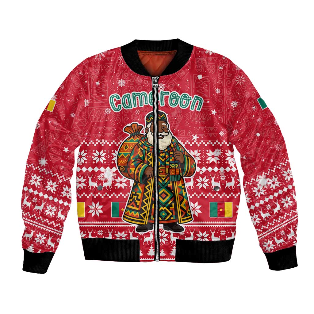 Cameroon Christmas Bomber Jacket with Red Snowflake Pattern Traditional Santa and Map Motif - Wonder Print Shop