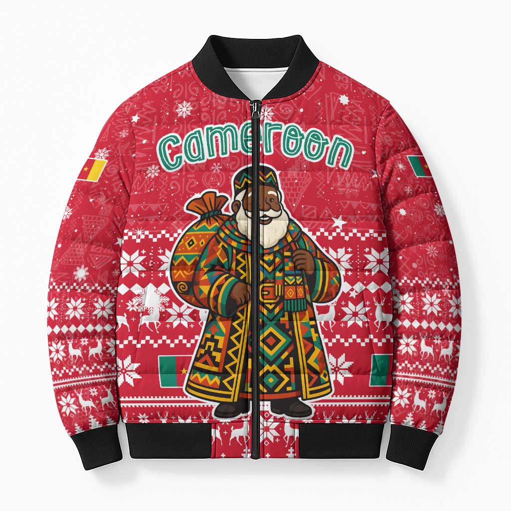 Cameroon Christmas Bomber Puffer Jacket with Red Snowflake Pattern Traditional Santa and Map Motif - Wonder Print Shop