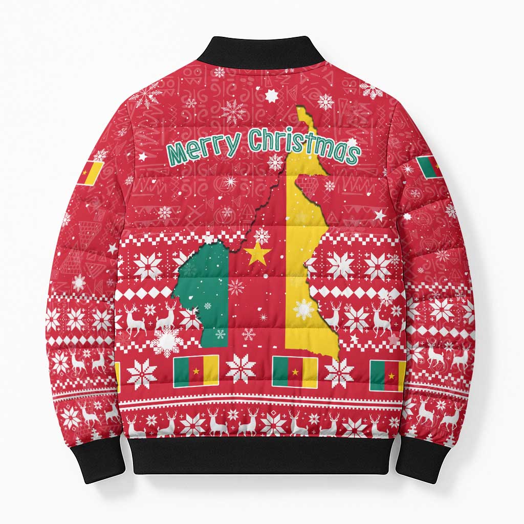 Cameroon Christmas Bomber Puffer Jacket with Red Snowflake Pattern Traditional Santa and Map Motif - Wonder Print Shop