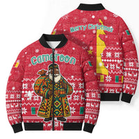 Cameroon Christmas Bomber Puffer Jacket with Red Snowflake Pattern Traditional Santa and Map Motif - Wonder Print Shop