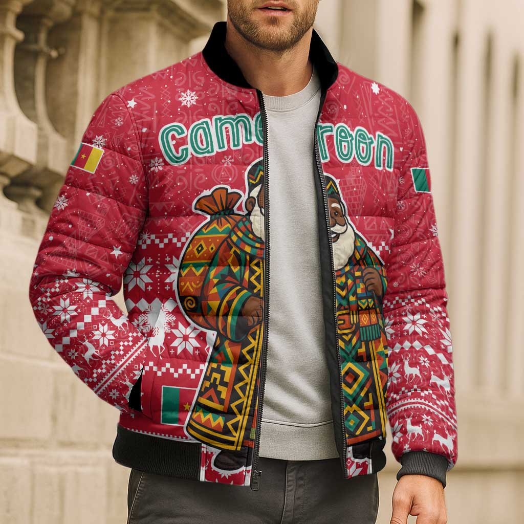 Cameroon Christmas Bomber Puffer Jacket with Red Snowflake Pattern Traditional Santa and Map Motif - Wonder Print Shop