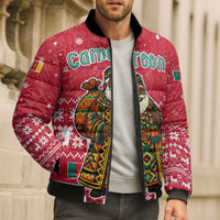 Cameroon Christmas Bomber Puffer Jacket with Red Snowflake Pattern Traditional Santa and Map Motif - Wonder Print Shop