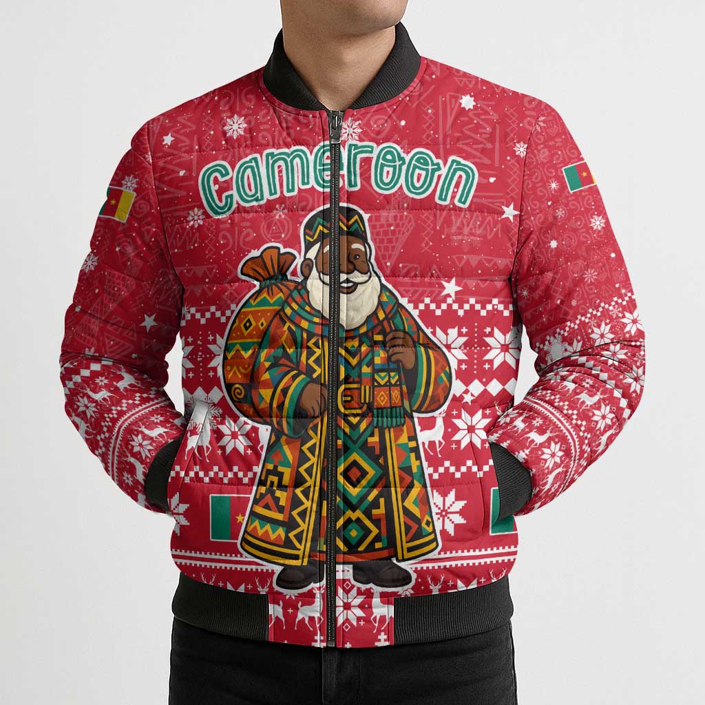 Cameroon Christmas Bomber Puffer Jacket with Red Snowflake Pattern Traditional Santa and Map Motif - Wonder Print Shop
