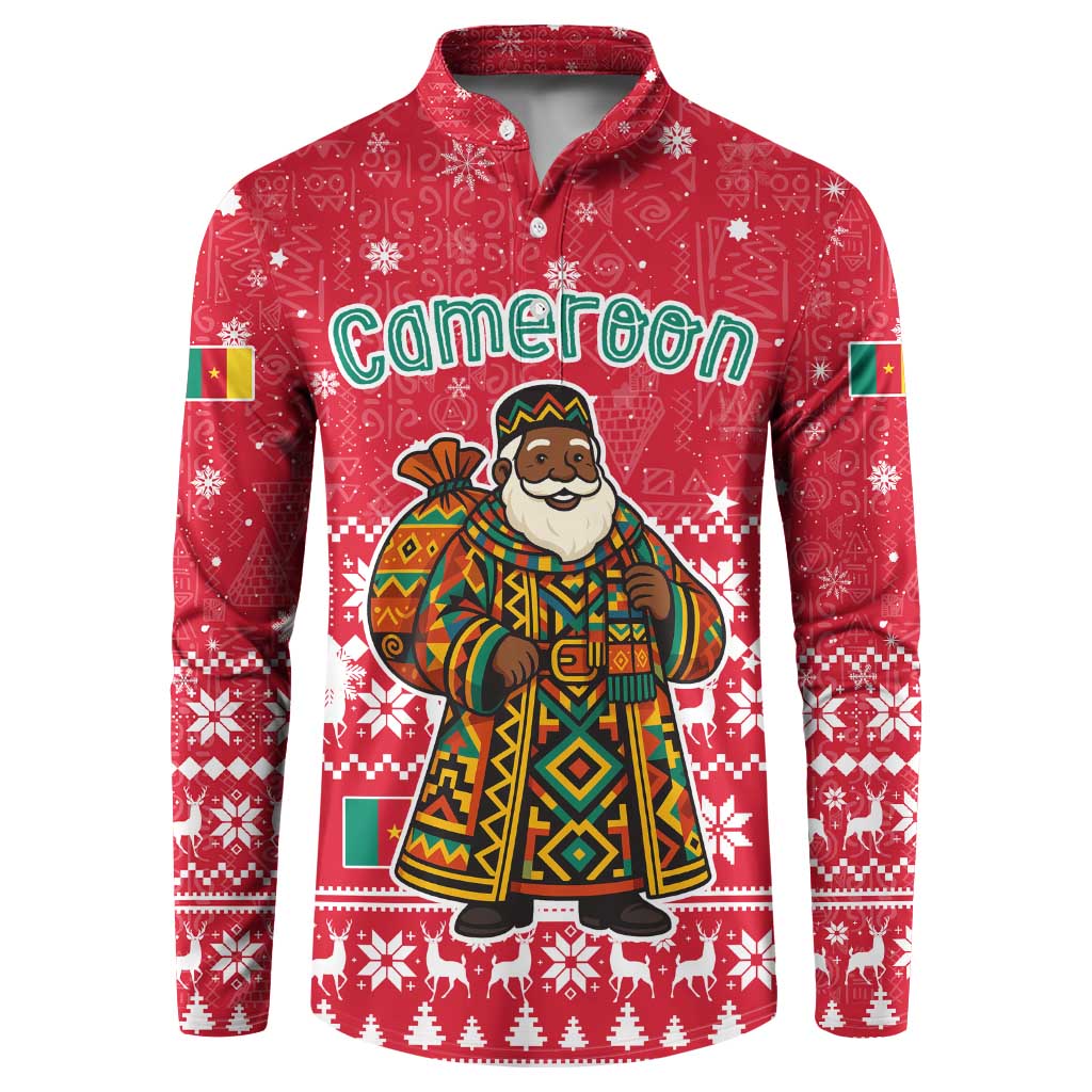 Cameroon Christmas Button Sweatshirt with Red Snowflake Pattern Traditional Santa and Map Motif - Wonder Print Shop