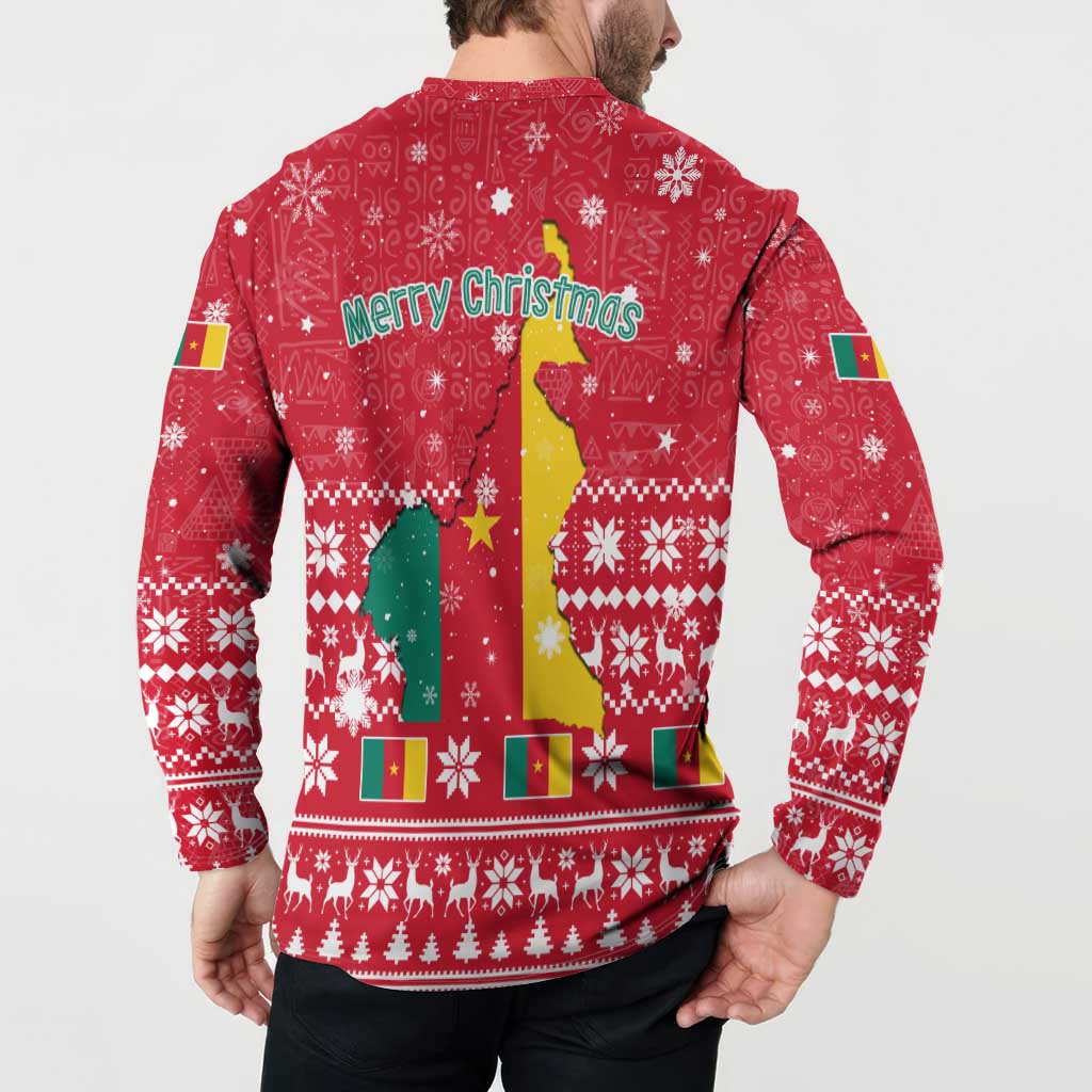Cameroon Christmas Button Sweatshirt with Red Snowflake Pattern Traditional Santa and Map Motif - Wonder Print Shop