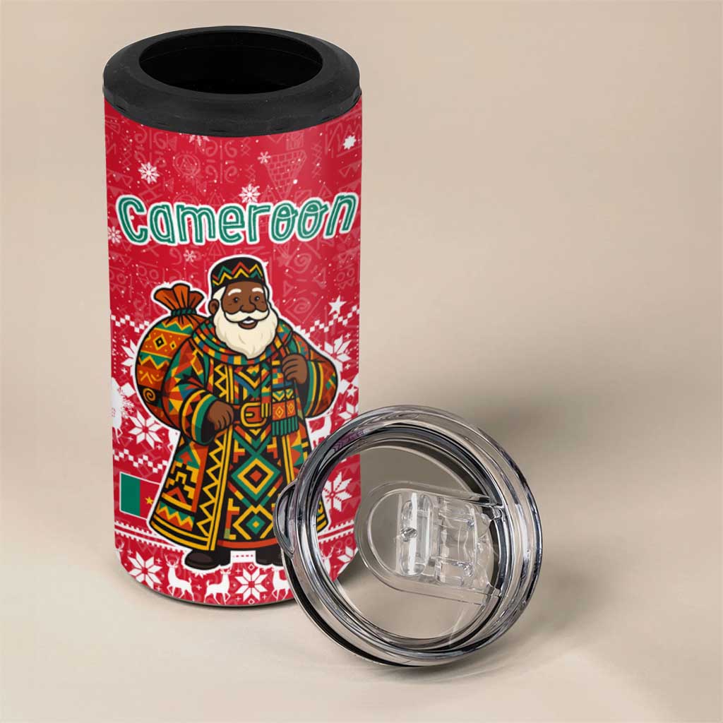 Cameroon Christmas 4 in 1 Can Cooler Tumbler with Red Snowflake Pattern Traditional Santa and Map Motif - Wonder Print Shop