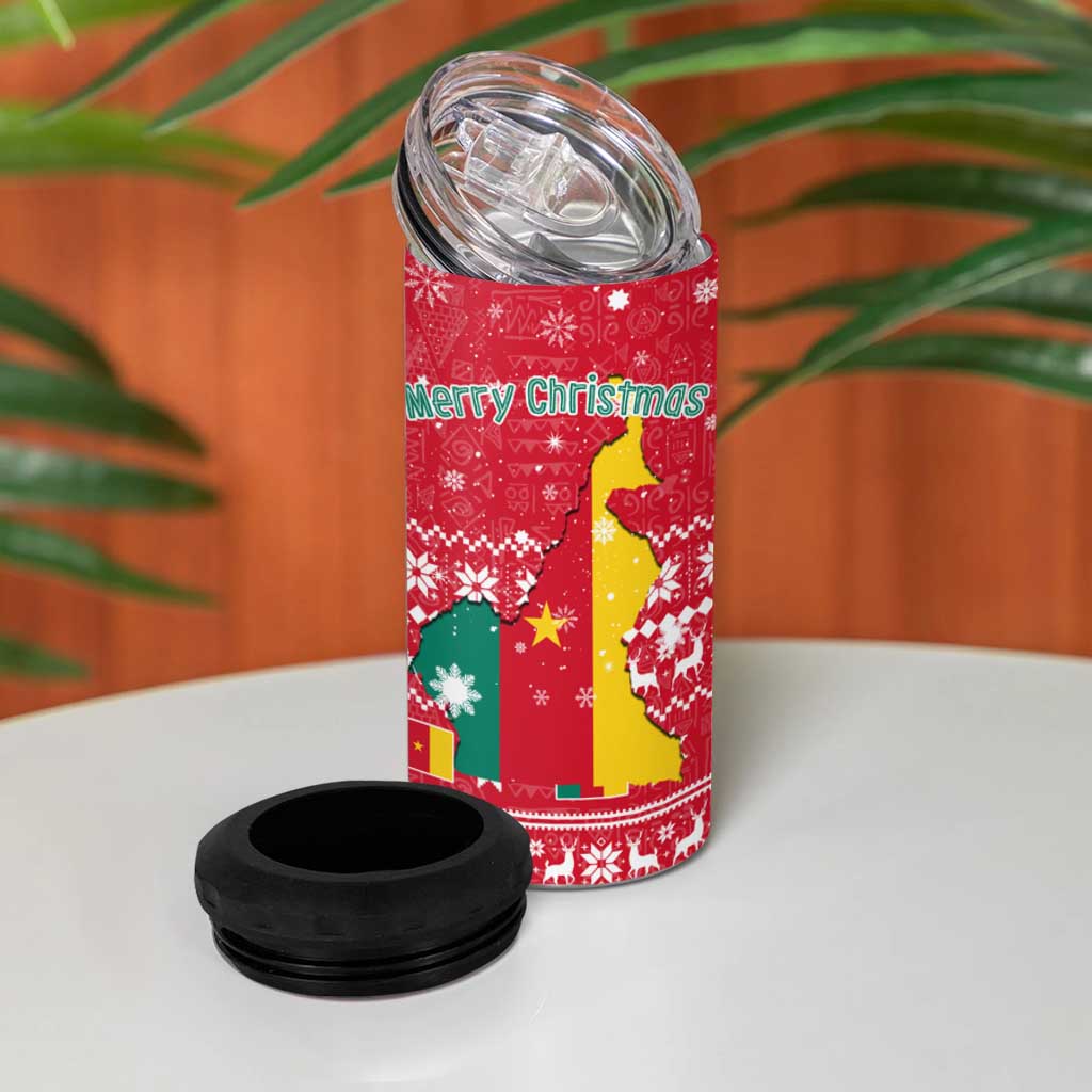 Cameroon Christmas 4 in 1 Can Cooler Tumbler with Red Snowflake Pattern Traditional Santa and Map Motif - Wonder Print Shop