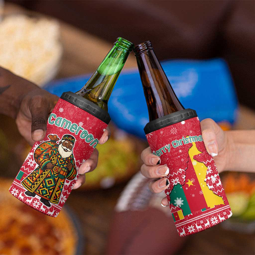 Cameroon Christmas 4 in 1 Can Cooler Tumbler with Red Snowflake Pattern Traditional Santa and Map Motif - Wonder Print Shop