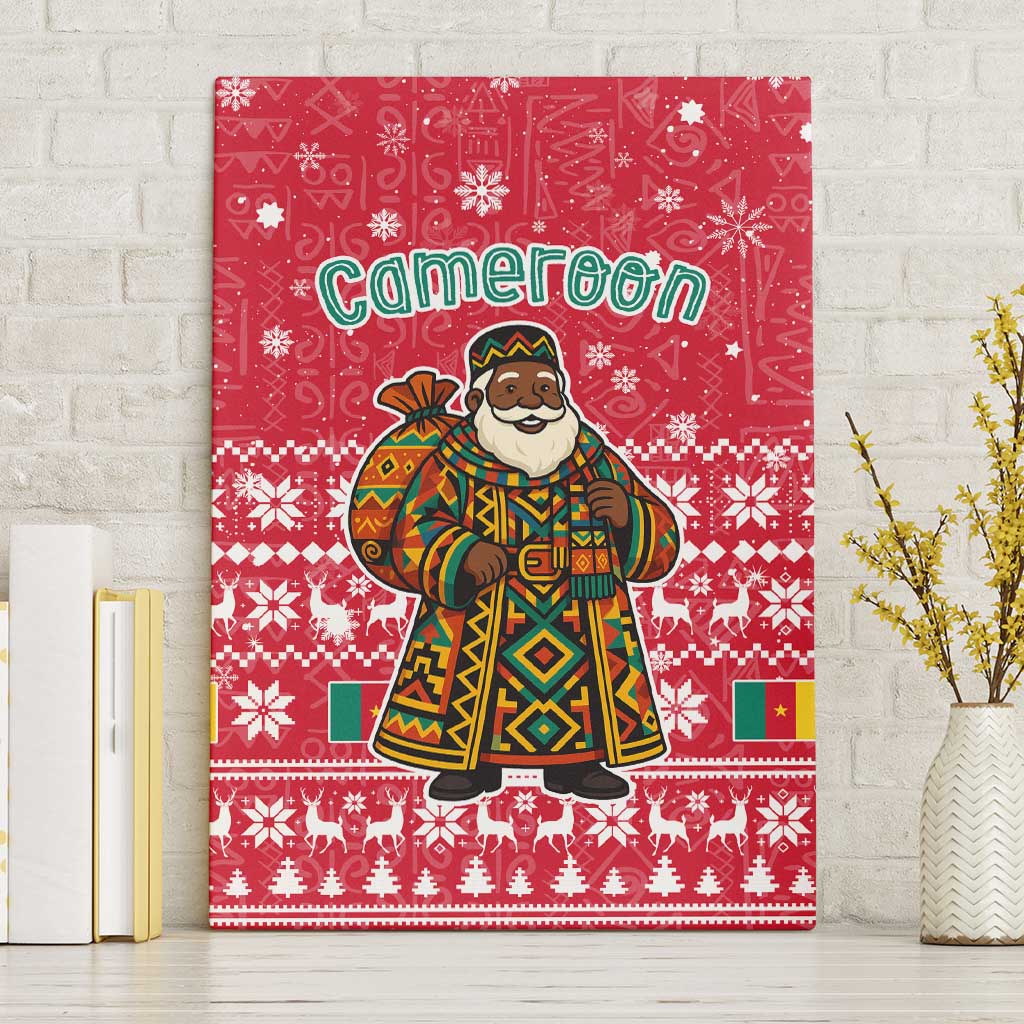 Cameroon Christmas Canvas Wall Art with Red Snowflake Pattern Traditional Santa and Map Motif - Wonder Print Shop