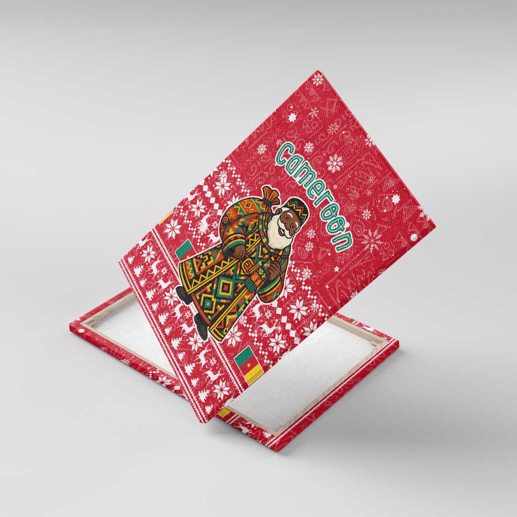 Cameroon Christmas Canvas Wall Art with Red Snowflake Pattern Traditional Santa and Map Motif - Wonder Print Shop