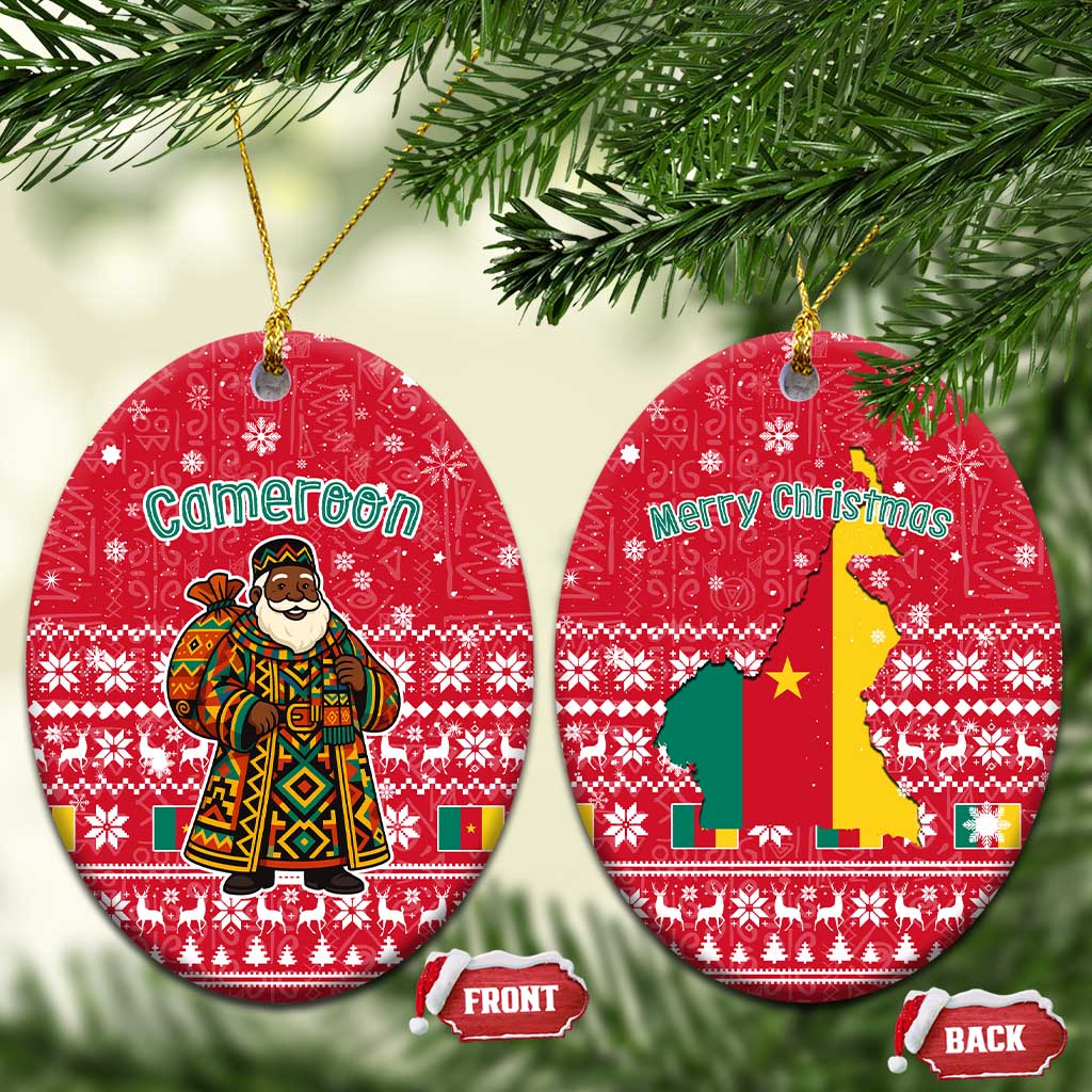 Cameroon Christmas Ceramic Ornament with Red Snowflake Pattern Traditional Santa and Map Motif - Wonder Print Shop
