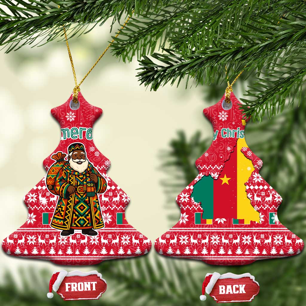 Cameroon Christmas Ceramic Ornament with Red Snowflake Pattern Traditional Santa and Map Motif - Wonder Print Shop