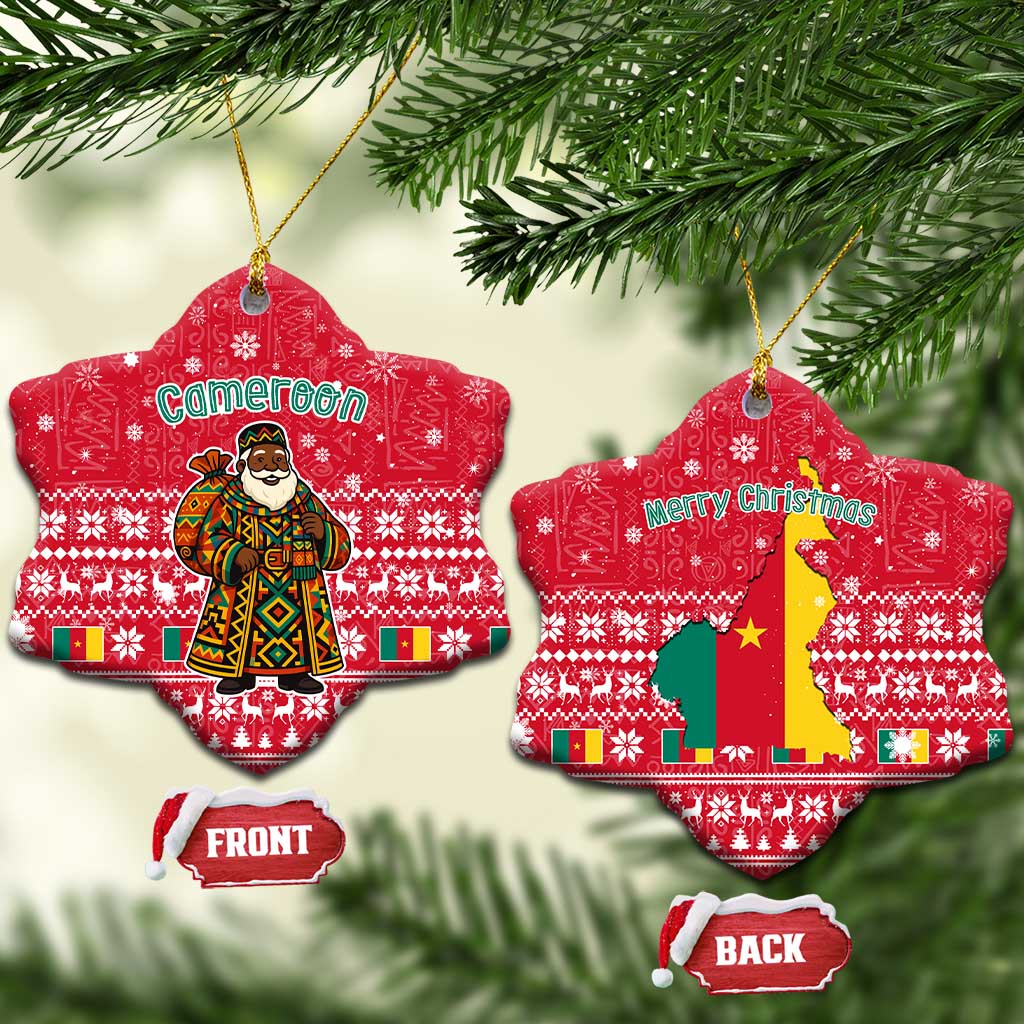 Cameroon Christmas Ceramic Ornament with Red Snowflake Pattern Traditional Santa and Map Motif - Wonder Print Shop
