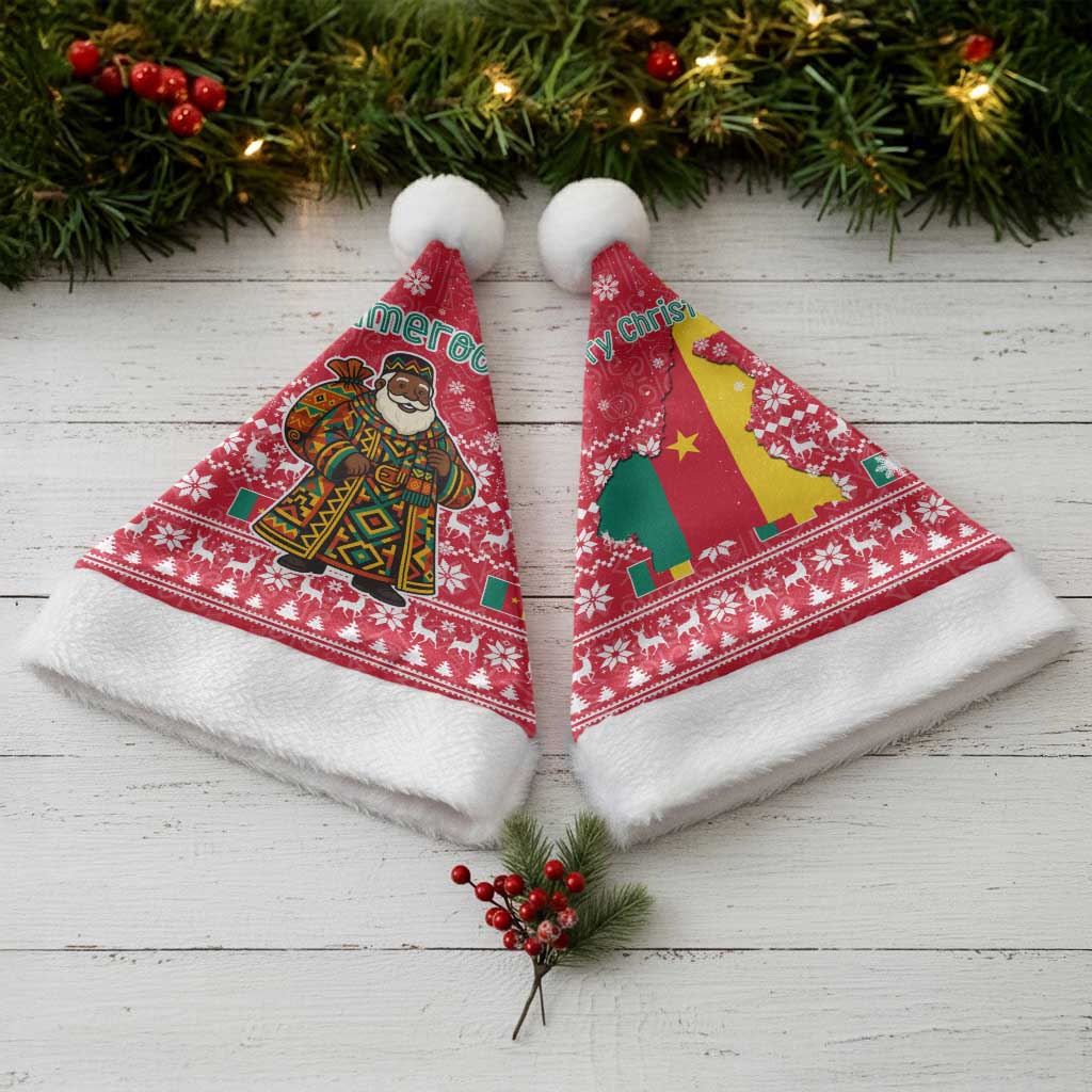 Cameroon Christmas Santa Hat with Red Snowflake Pattern Traditional Santa and Map Motif - Wonder Print Shop