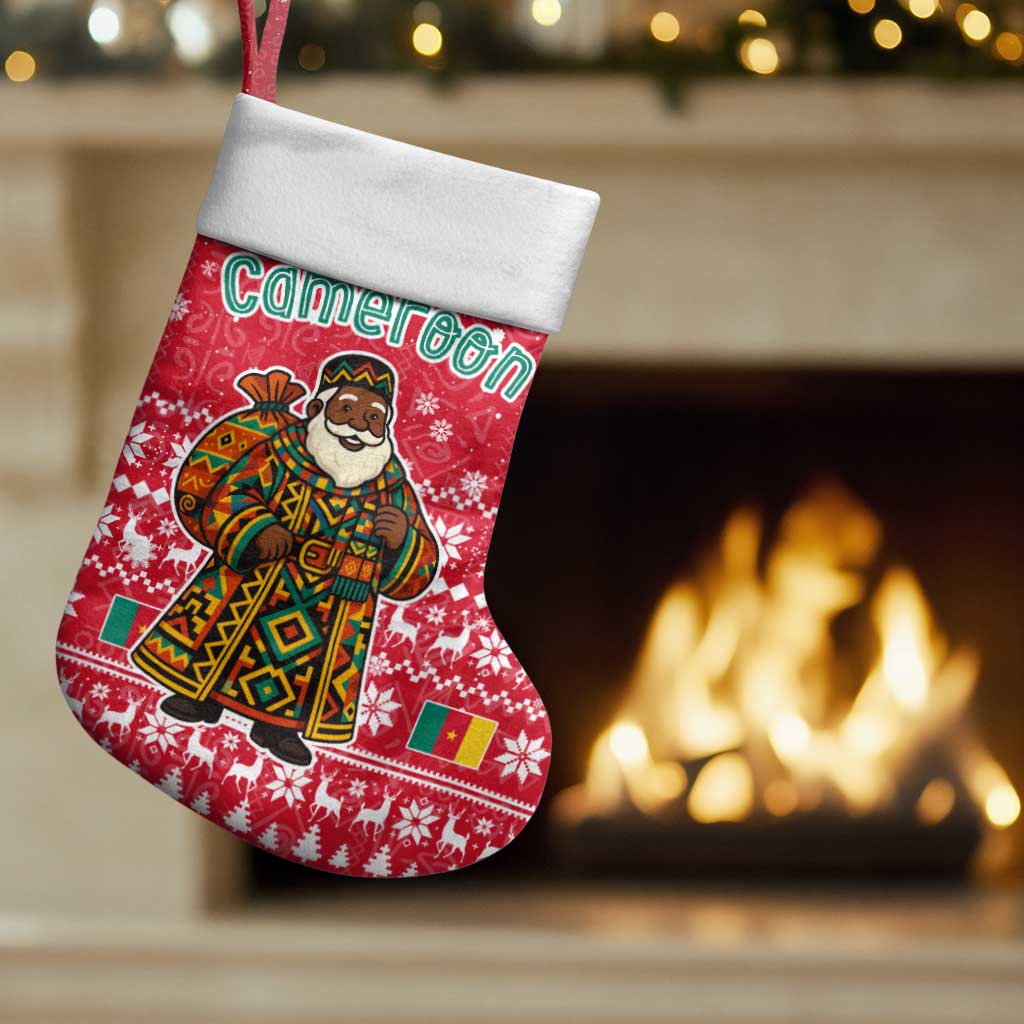 Cameroon Christmas Stocking with Red Snowflake Pattern Traditional Santa and Map Motif - Wonder Print Shop