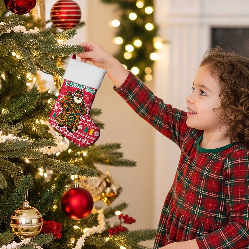 Cameroon Christmas Stocking with Red Snowflake Pattern Traditional Santa and Map Motif - Wonder Print Shop