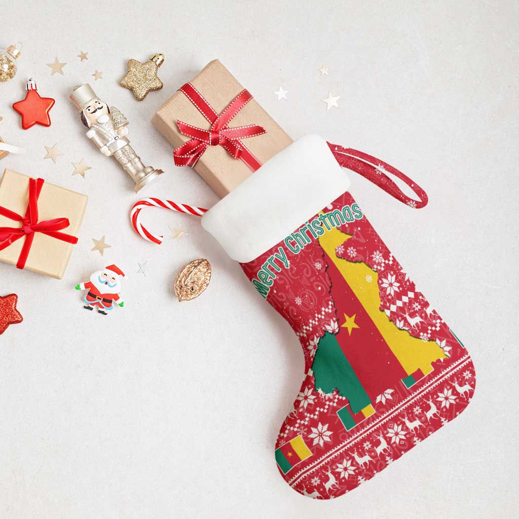 Cameroon Christmas Stocking with Red Snowflake Pattern Traditional Santa and Map Motif - Wonder Print Shop