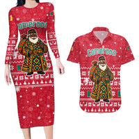 Cameroon Christmas Couples Matching Long Sleeve Bodycon Dress and Hawaiian Shirt with Red Snowflake Pattern Traditional Santa and Map Motif - Wonder Print Shop
