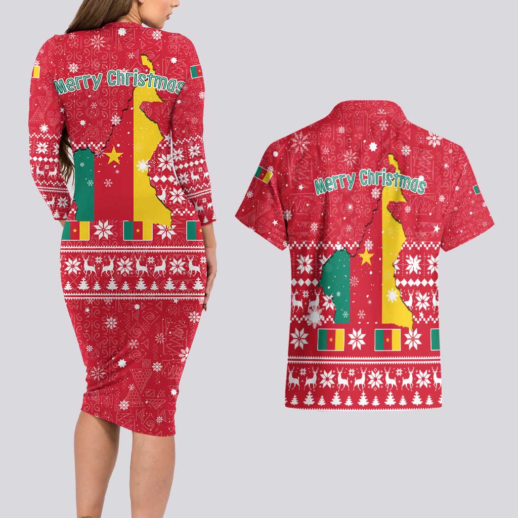 Cameroon Christmas Couples Matching Long Sleeve Bodycon Dress and Hawaiian Shirt with Red Snowflake Pattern Traditional Santa and Map Motif - Wonder Print Shop