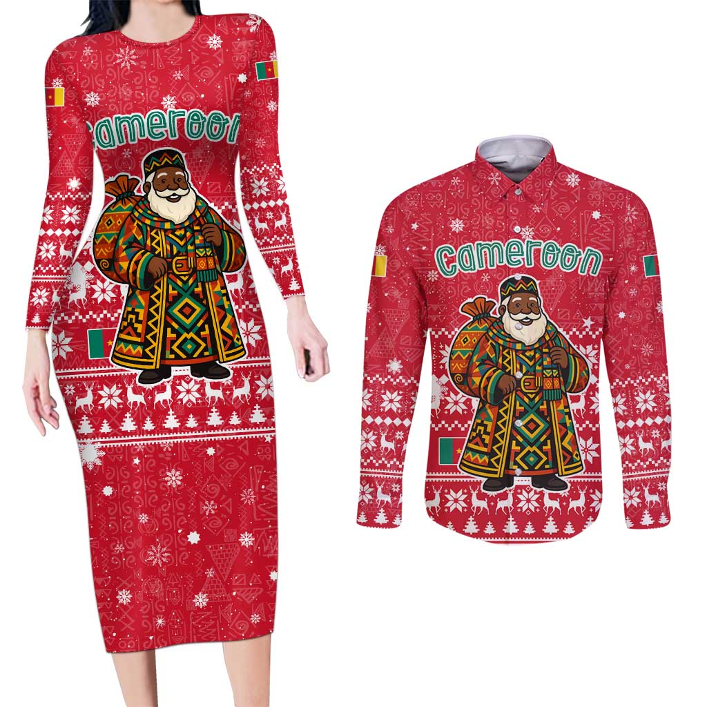 Cameroon Christmas Couples Matching Long Sleeve Bodycon Dress and Long Sleeve Button Shirt with Red Snowflake Pattern Traditional Santa and Map Motif - Wonder Print Shop