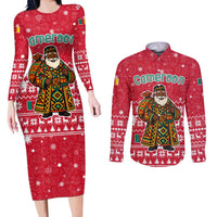 Cameroon Christmas Couples Matching Long Sleeve Bodycon Dress and Long Sleeve Button Shirt with Red Snowflake Pattern Traditional Santa and Map Motif - Wonder Print Shop