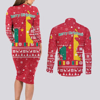 Cameroon Christmas Couples Matching Long Sleeve Bodycon Dress and Long Sleeve Button Shirt with Red Snowflake Pattern Traditional Santa and Map Motif - Wonder Print Shop