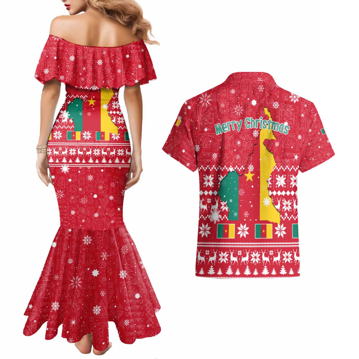 Cameroon Christmas Couples Matching Mermaid Dress and Hawaiian Shirt with Red Snowflake Pattern Traditional Santa and Map Motif - Wonder Print Shop
