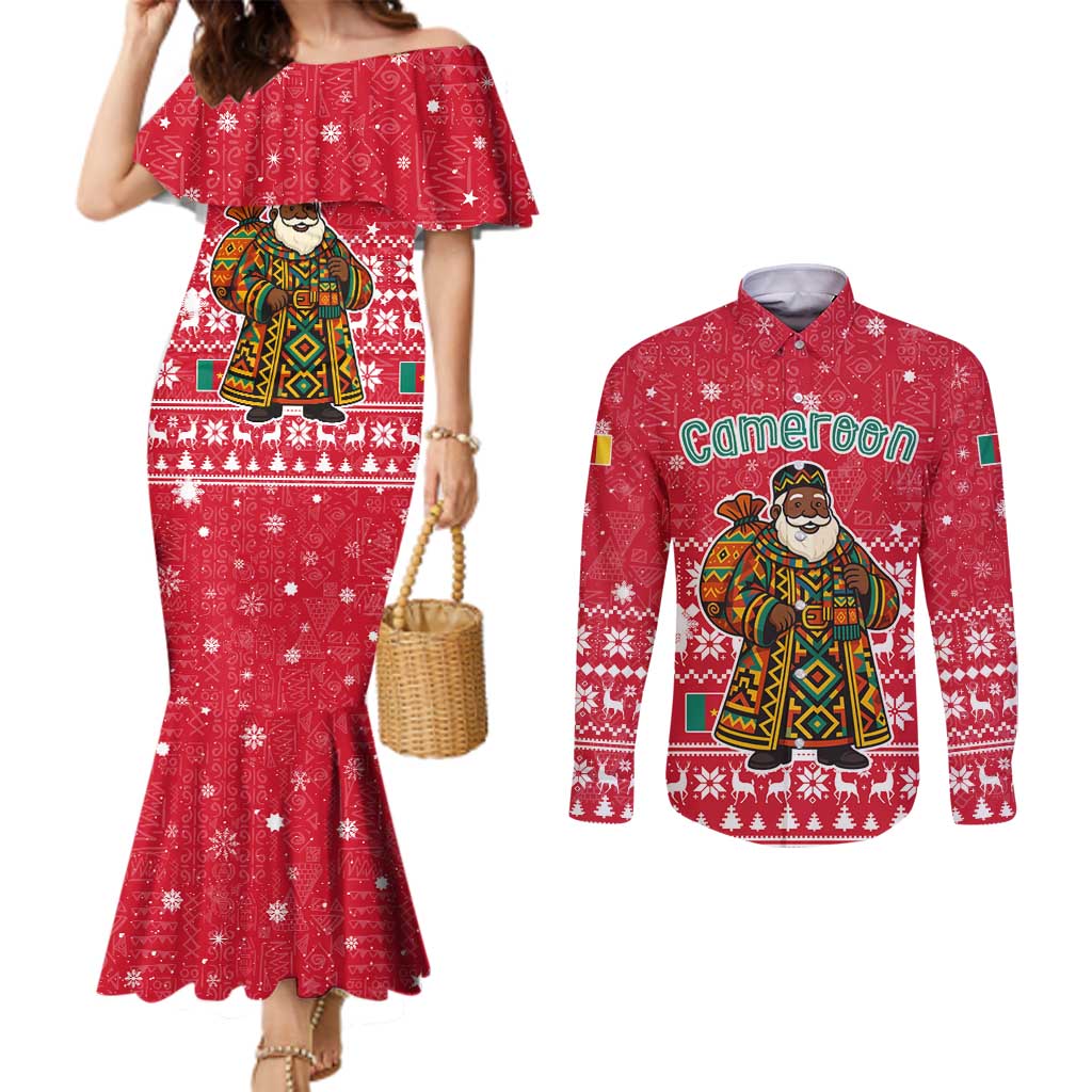 Cameroon Christmas Couples Matching Mermaid Dress and Long Sleeve Button Shirt with Red Snowflake Pattern Traditional Santa and Map Motif - Wonder Print Shop