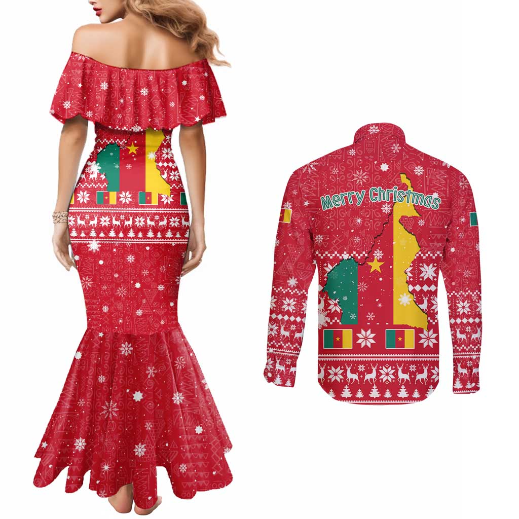 Cameroon Christmas Couples Matching Mermaid Dress and Long Sleeve Button Shirt with Red Snowflake Pattern Traditional Santa and Map Motif - Wonder Print Shop