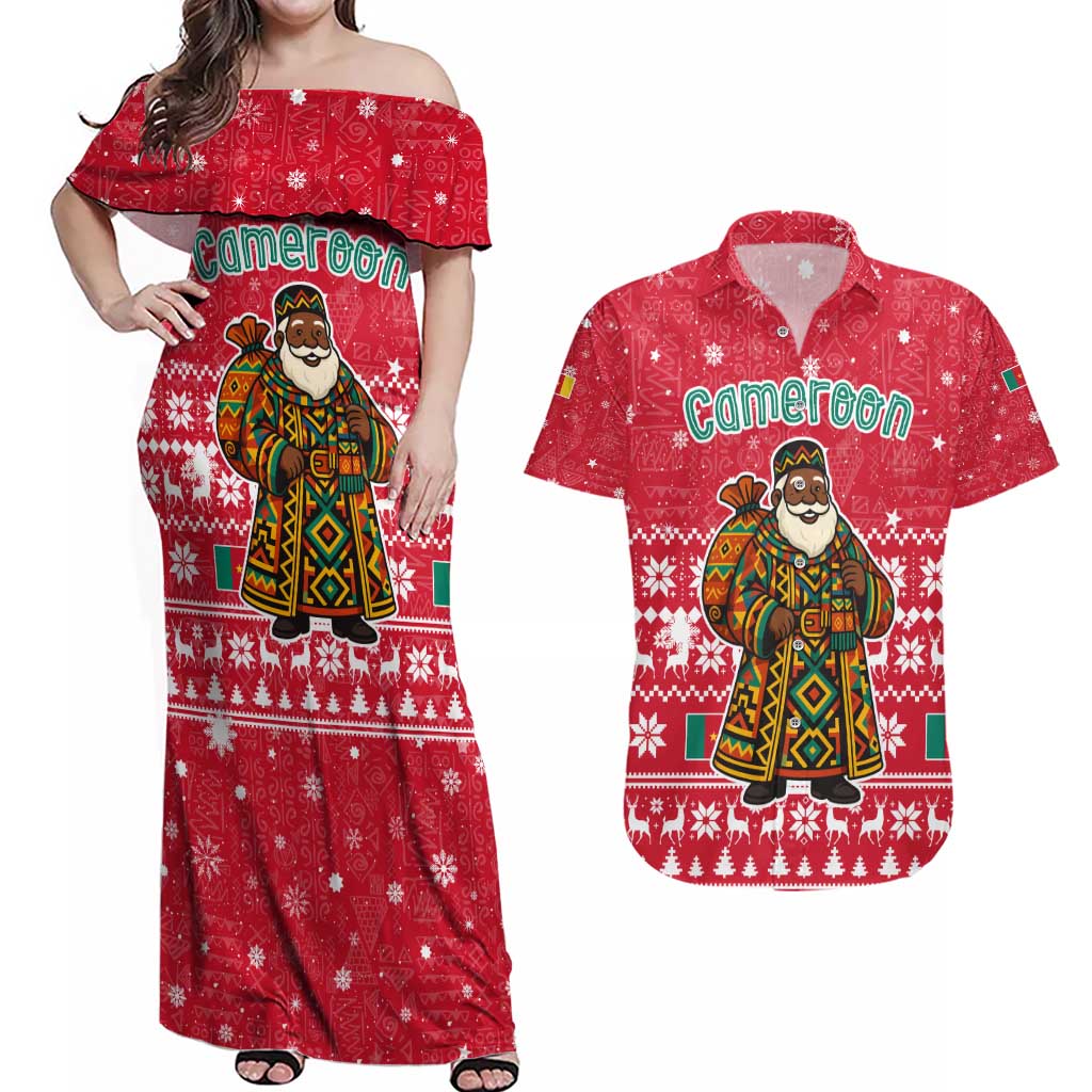 Cameroon Christmas Couples Matching Off Shoulder Maxi Dress and Hawaiian Shirt with Red Snowflake Pattern Traditional Santa and Map Motif - Wonder Print Shop