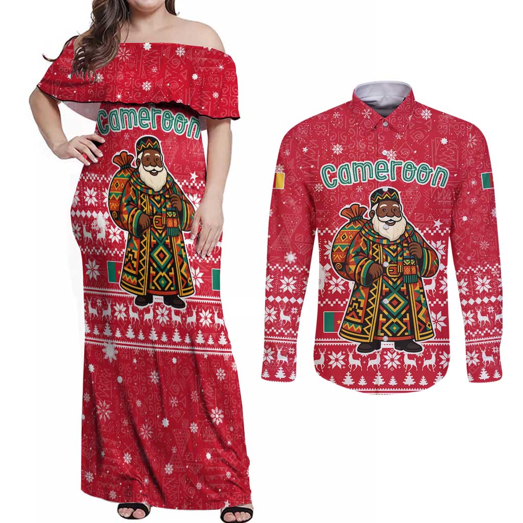 Cameroon Christmas Couples Matching Off Shoulder Maxi Dress and Long Sleeve Button Shirt with Red Snowflake Pattern Traditional Santa and Map Motif - Wonder Print Shop