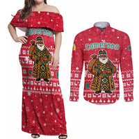 Cameroon Christmas Couples Matching Off Shoulder Maxi Dress and Long Sleeve Button Shirt with Red Snowflake Pattern Traditional Santa and Map Motif - Wonder Print Shop