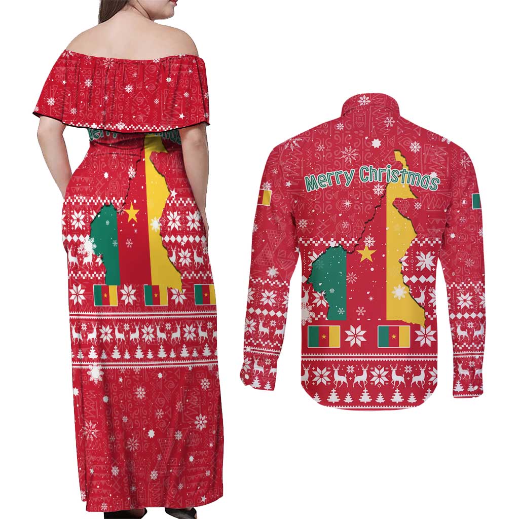 Cameroon Christmas Couples Matching Off Shoulder Maxi Dress and Long Sleeve Button Shirt with Red Snowflake Pattern Traditional Santa and Map Motif - Wonder Print Shop