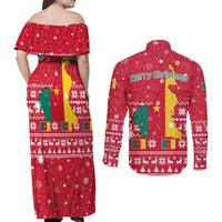 Cameroon Christmas Couples Matching Off Shoulder Maxi Dress and Long Sleeve Button Shirt with Red Snowflake Pattern Traditional Santa and Map Motif - Wonder Print Shop