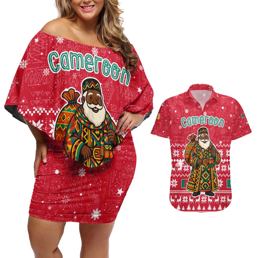 Cameroon Christmas Couples Matching Off Shoulder Short Dress and Hawaiian Shirt with Red Snowflake Pattern Traditional Santa and Map Motif - Wonder Print Shop