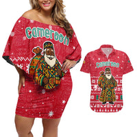Cameroon Christmas Couples Matching Off Shoulder Short Dress and Hawaiian Shirt with Red Snowflake Pattern Traditional Santa and Map Motif - Wonder Print Shop