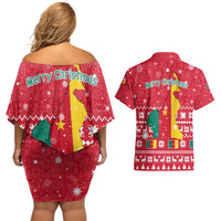 Cameroon Christmas Couples Matching Off Shoulder Short Dress and Hawaiian Shirt with Red Snowflake Pattern Traditional Santa and Map Motif - Wonder Print Shop