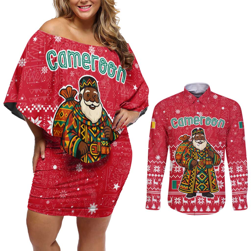 Cameroon Christmas Couples Matching Off Shoulder Short Dress and Long Sleeve Button Shirt with Red Snowflake Pattern Traditional Santa and Map Motif - Wonder Print Shop
