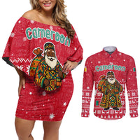 Cameroon Christmas Couples Matching Off Shoulder Short Dress and Long Sleeve Button Shirt with Red Snowflake Pattern Traditional Santa and Map Motif - Wonder Print Shop