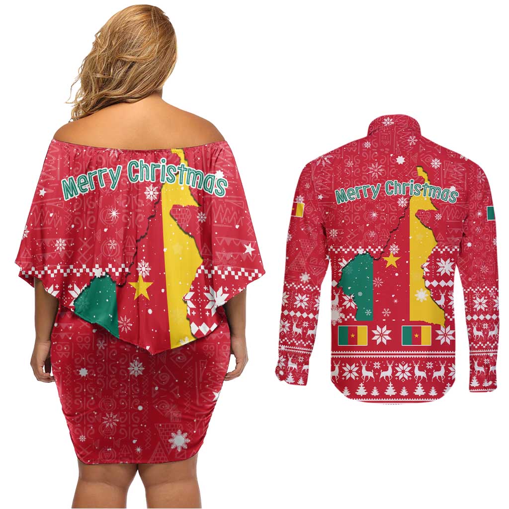 Cameroon Christmas Couples Matching Off Shoulder Short Dress and Long Sleeve Button Shirt with Red Snowflake Pattern Traditional Santa and Map Motif - Wonder Print Shop
