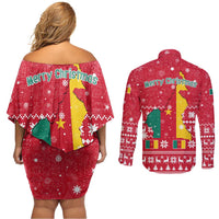Cameroon Christmas Couples Matching Off Shoulder Short Dress and Long Sleeve Button Shirt with Red Snowflake Pattern Traditional Santa and Map Motif - Wonder Print Shop