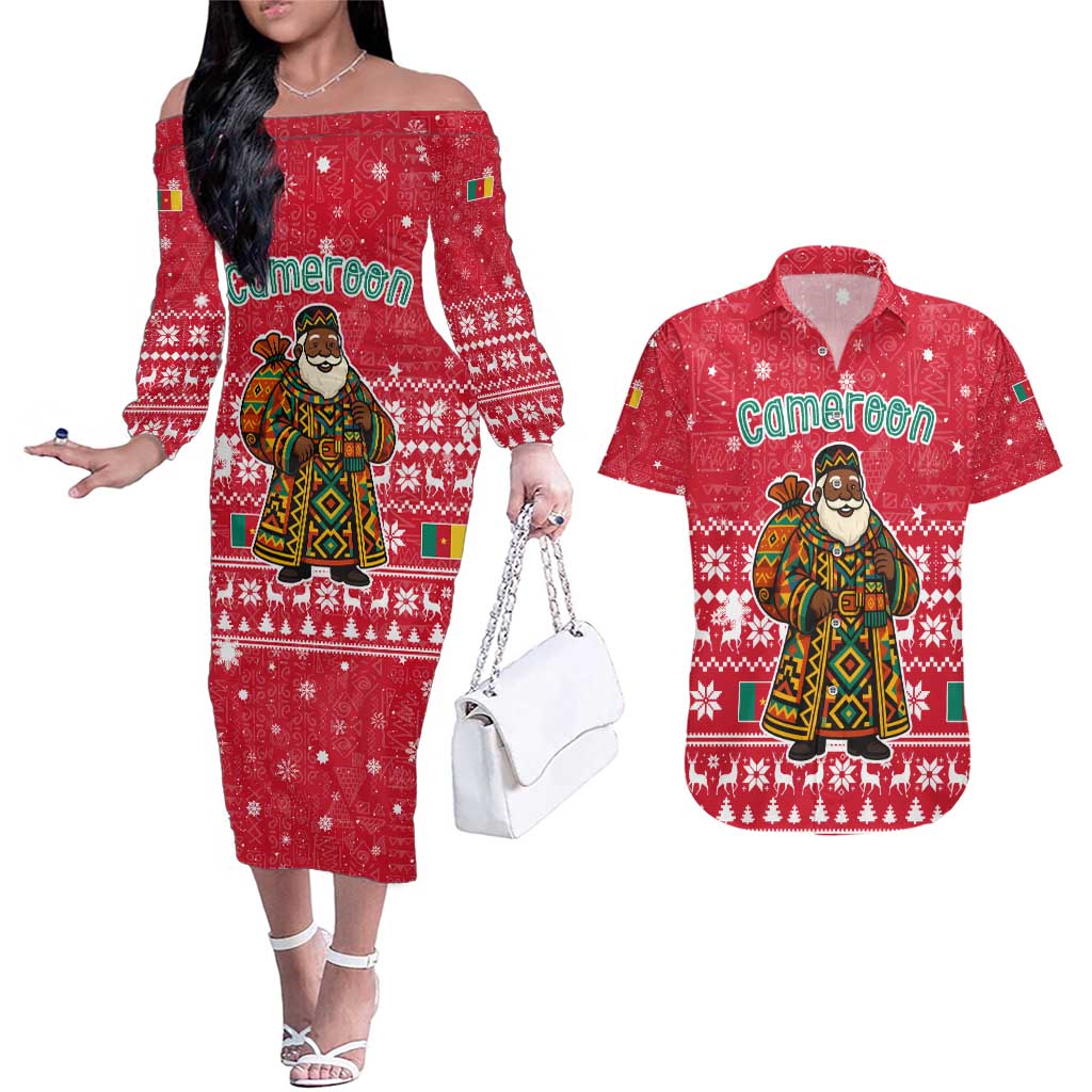 Cameroon Christmas Couples Matching Off The Shoulder Long Sleeve Dress and Hawaiian Shirt with Red Snowflake Pattern Traditional Santa and Map Motif - Wonder Print Shop