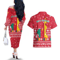 Cameroon Christmas Couples Matching Off The Shoulder Long Sleeve Dress and Hawaiian Shirt with Red Snowflake Pattern Traditional Santa and Map Motif - Wonder Print Shop