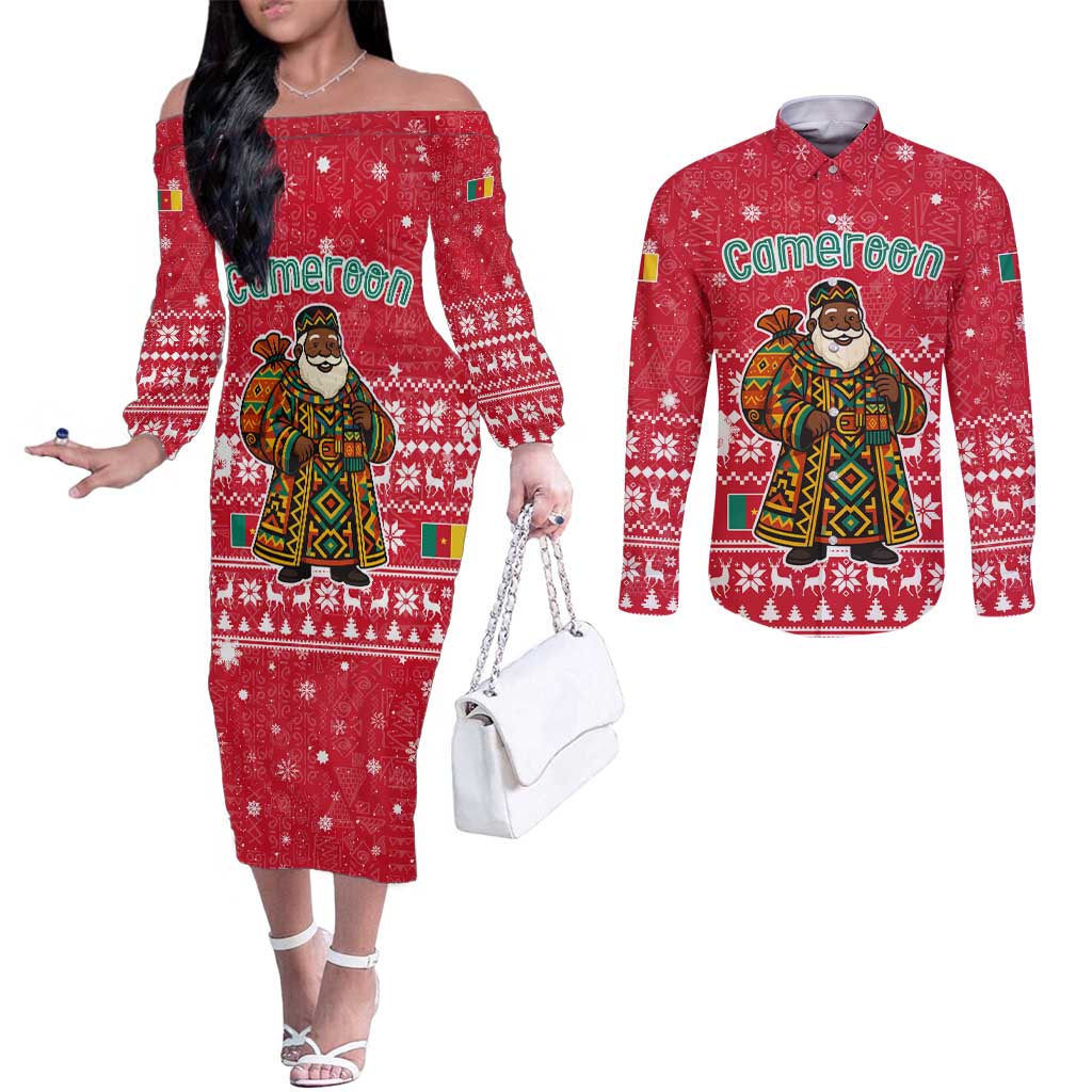 Cameroon Christmas Couples Matching Off The Shoulder Long Sleeve Dress and Long Sleeve Button Shirt with Red Snowflake Pattern Traditional Santa and Map Motif - Wonder Print Shop