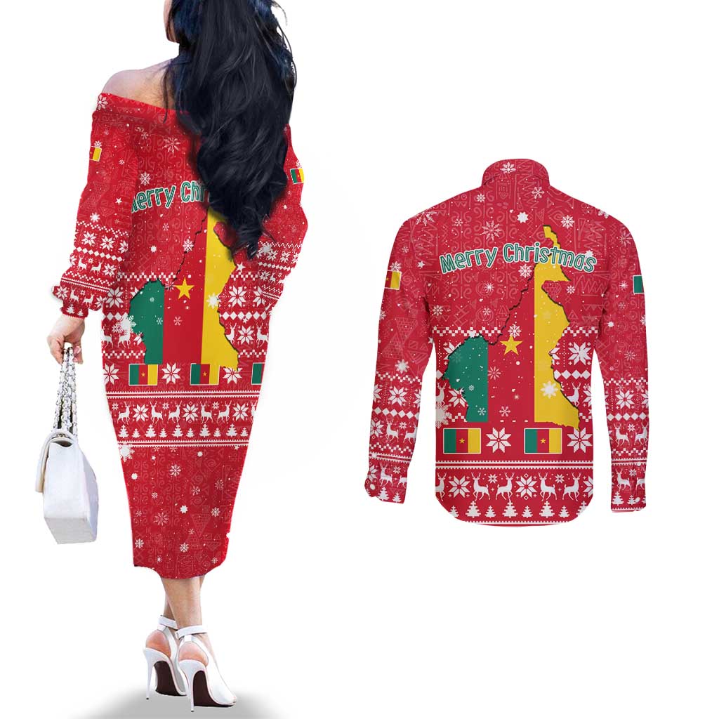 Cameroon Christmas Couples Matching Off The Shoulder Long Sleeve Dress and Long Sleeve Button Shirt with Red Snowflake Pattern Traditional Santa and Map Motif - Wonder Print Shop