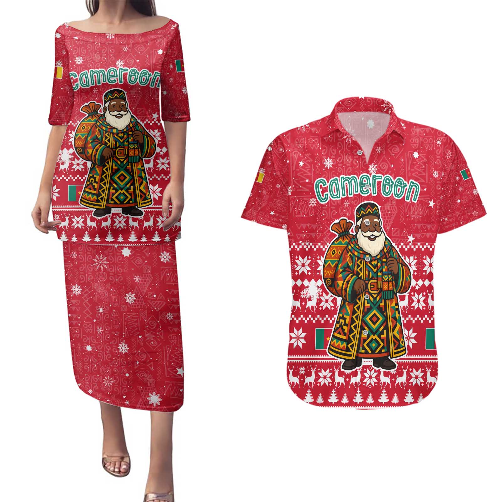 Cameroon Christmas Couples Matching Puletasi and Hawaiian Shirt with Red Snowflake Pattern Traditional Santa and Map Motif - Wonder Print Shop