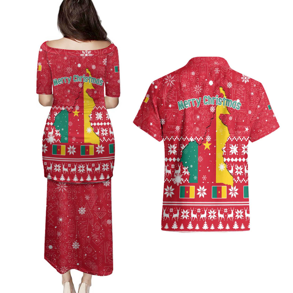 Cameroon Christmas Couples Matching Puletasi and Hawaiian Shirt with Red Snowflake Pattern Traditional Santa and Map Motif - Wonder Print Shop
