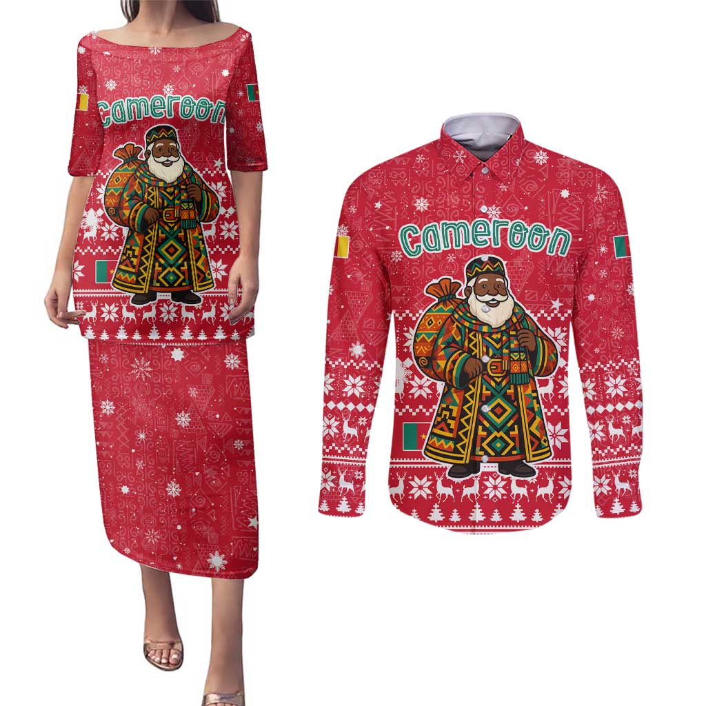 Cameroon Christmas Couples Matching Puletasi and Long Sleeve Button Shirt with Red Snowflake Pattern Traditional Santa and Map Motif - Wonder Print Shop