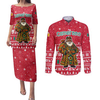 Cameroon Christmas Couples Matching Puletasi and Long Sleeve Button Shirt with Red Snowflake Pattern Traditional Santa and Map Motif - Wonder Print Shop